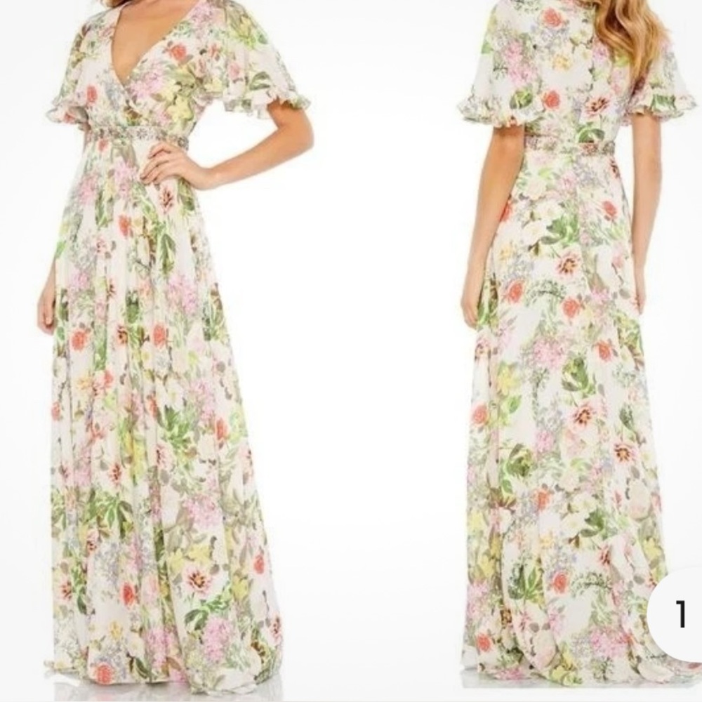 Mac Duggal Floral Dress with Pink and Green Accents